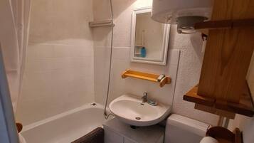 Hair dryer, towels, soap