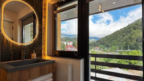 Ein modernes Badezimmer mit einem Holzbadezimmer, einem großen Spiegel und Blick auf eine Berglandschaft durch eine Schiebetür.