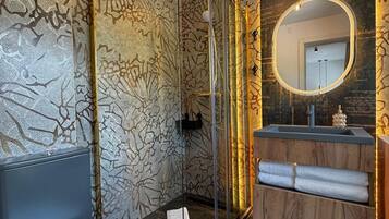 Regadera, secadora de cabello, toallas, jabón