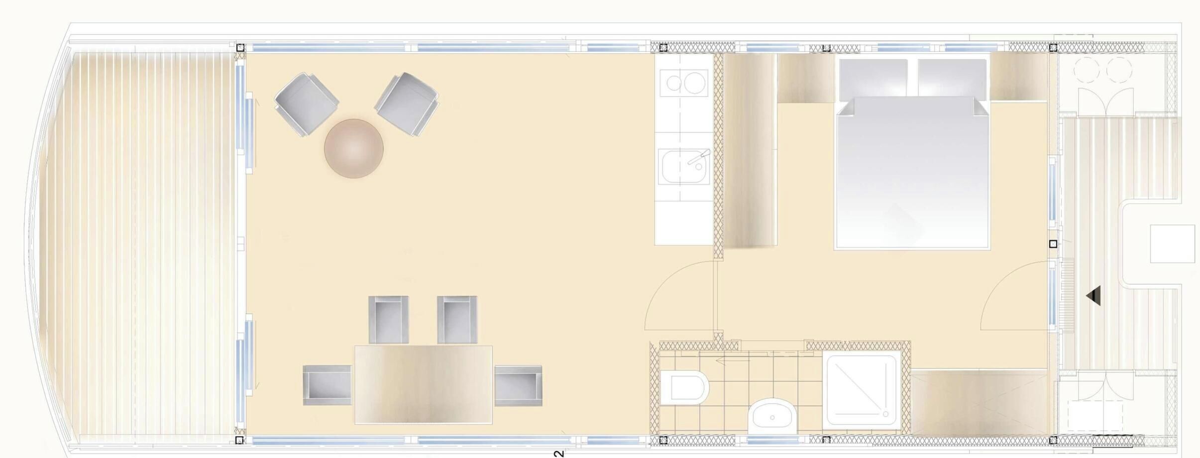 A floor plan of a hotel room with a bed, a bathroom, a seating area with a table and chairs, and a small kitchenette.