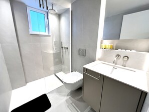 Shower, hair dryer, towels
