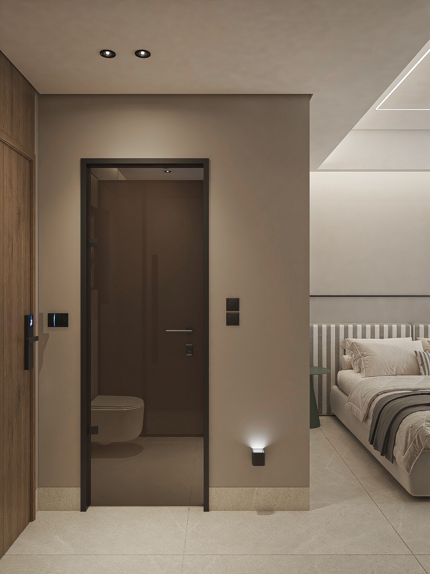 Ein modernes Badezimmer mit Toilette, Dusche und einer Glaskabinentür.