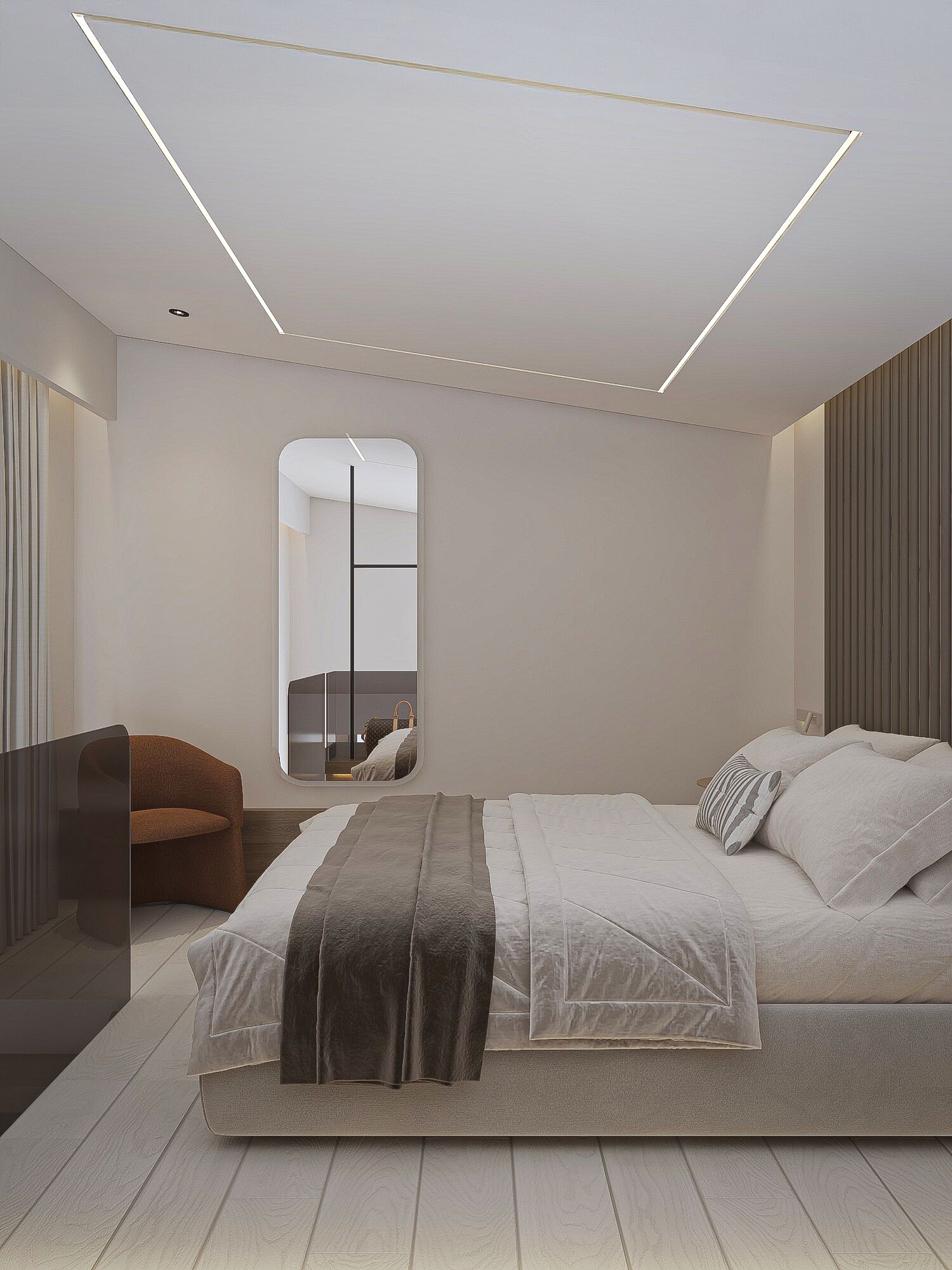 Une chambre à coucher moderne avec un grand lit, un miroir sur la table de chevet et une chaise.