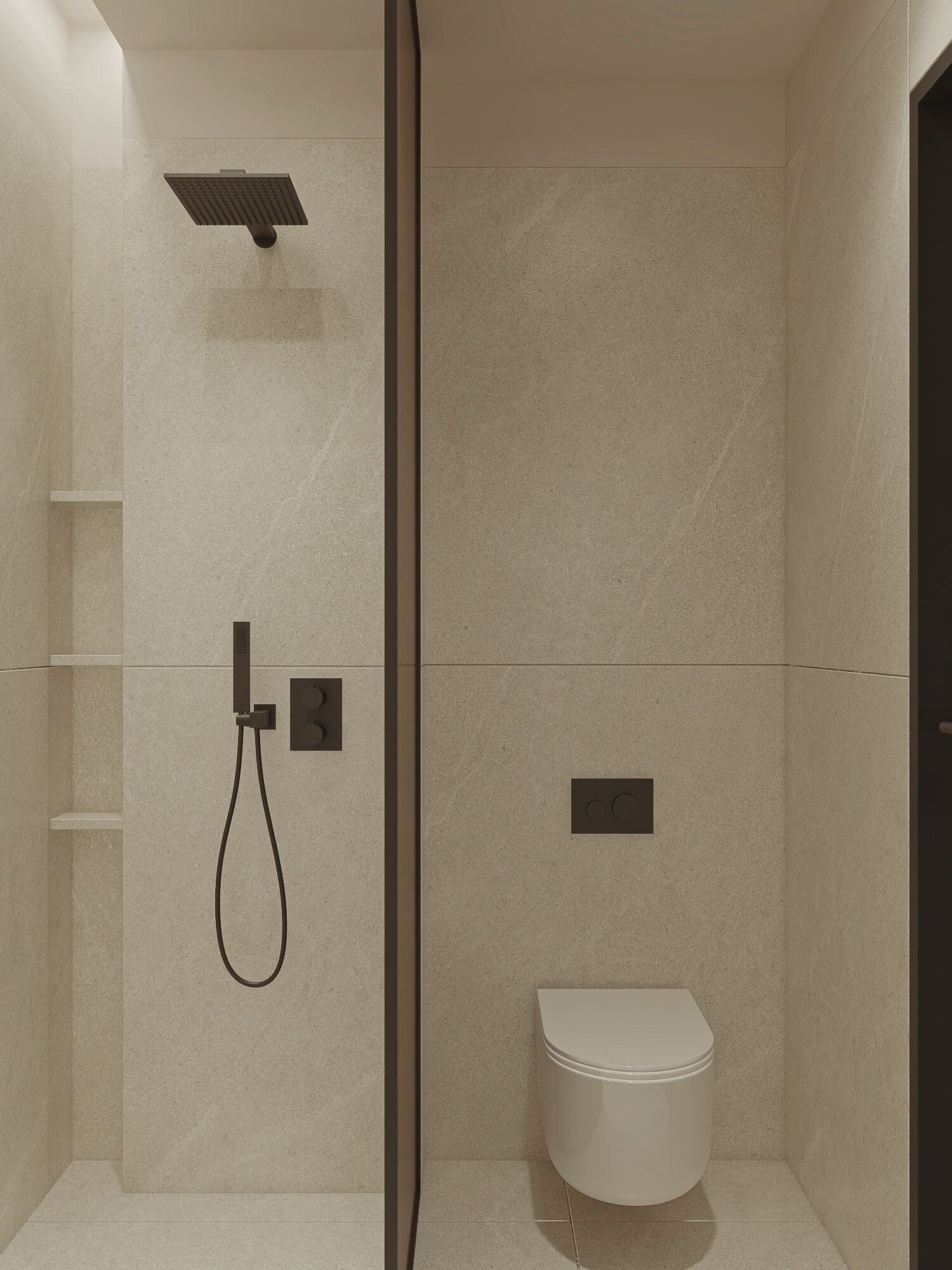 Een moderne badkamer met douche, toilet en een handdoekhouder.