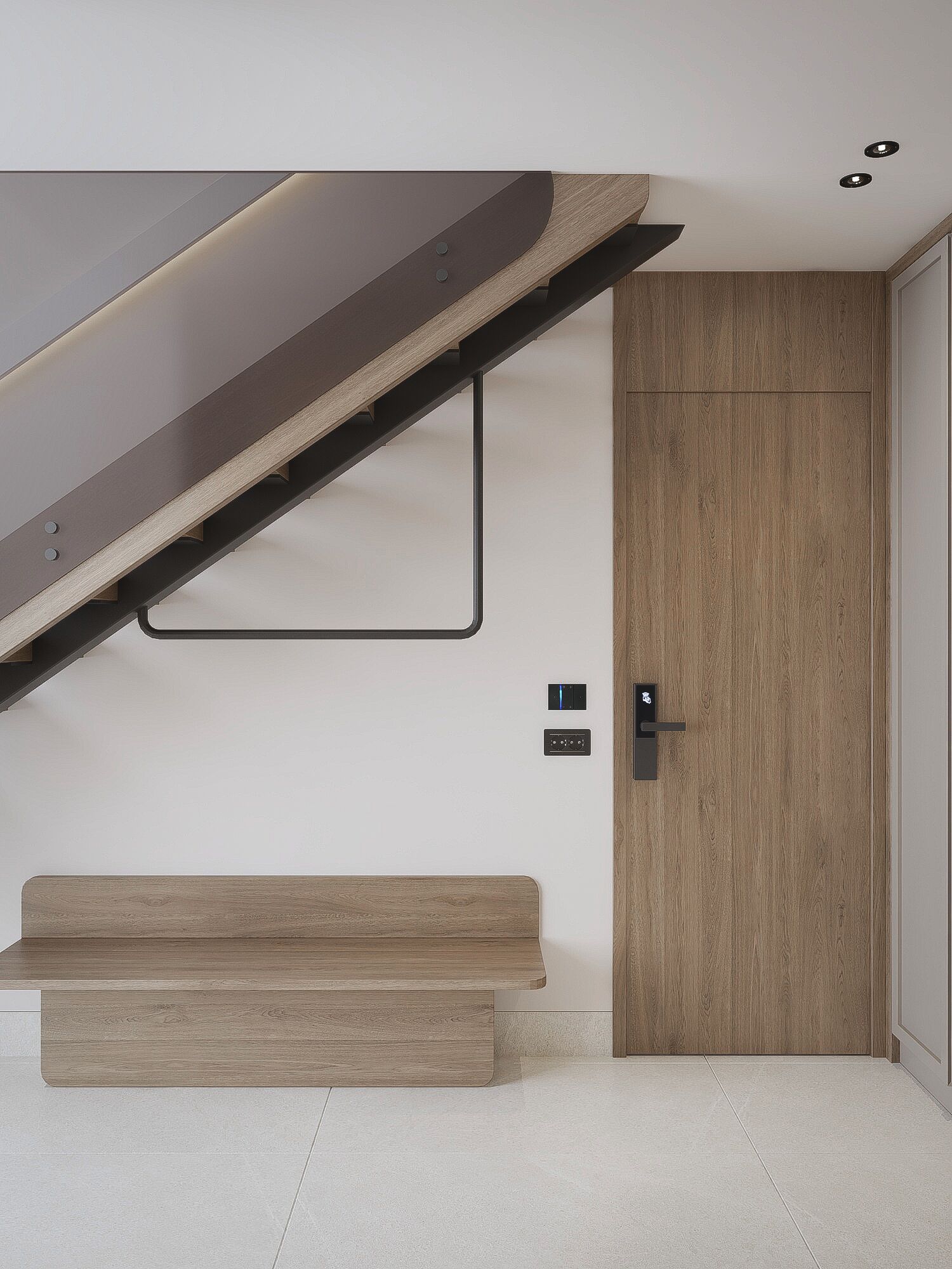 A modern room with a built-in bench, a wooden door, and a wall-mounted control panel.