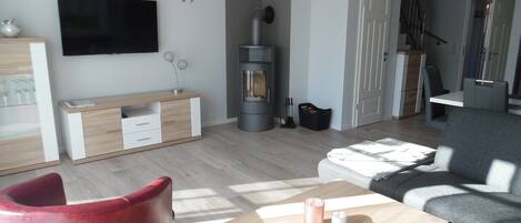 Televisión, chimenea, reproductor de DVD y estéreo