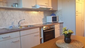 Fridge, microwave, oven, stovetop