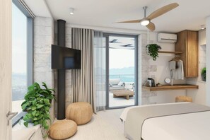 A modern bedroom with a bed, a ceiling fan, a TV, a balcony with a view, and a plant. - Brand New Villa, Private Heated Pool, Quiet,Luxury (Daratsos)