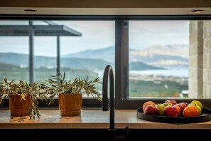 A kitchen counter with potted plants, a fruit bowl, and a view of a mountainous landscape through a window. - Villa Phos, Sea view, Luxury, private pool, BBQ (Τοπική Κοινότητα Καλλεργιανών)