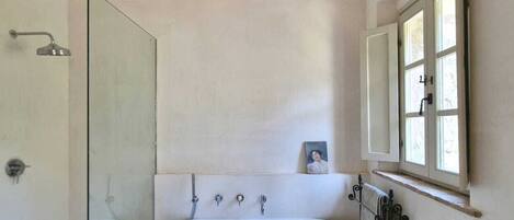 Shower, hair dryer, bidet, towels