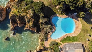 Eine Luftaufnahme eines Anwesens an der Küste mit einem Schwimmbad, Felsklippen und üppiger Vegetation.