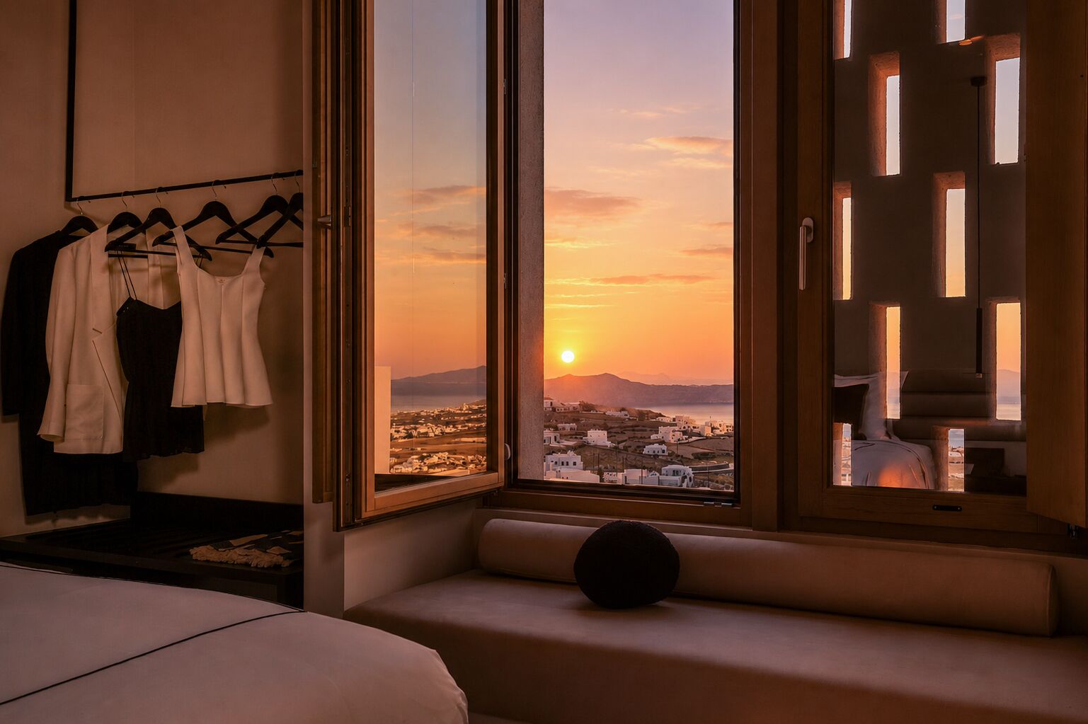 Ein Zimmer mit großem Fenster, einer Sitzecke und einem Kleiderständer.
