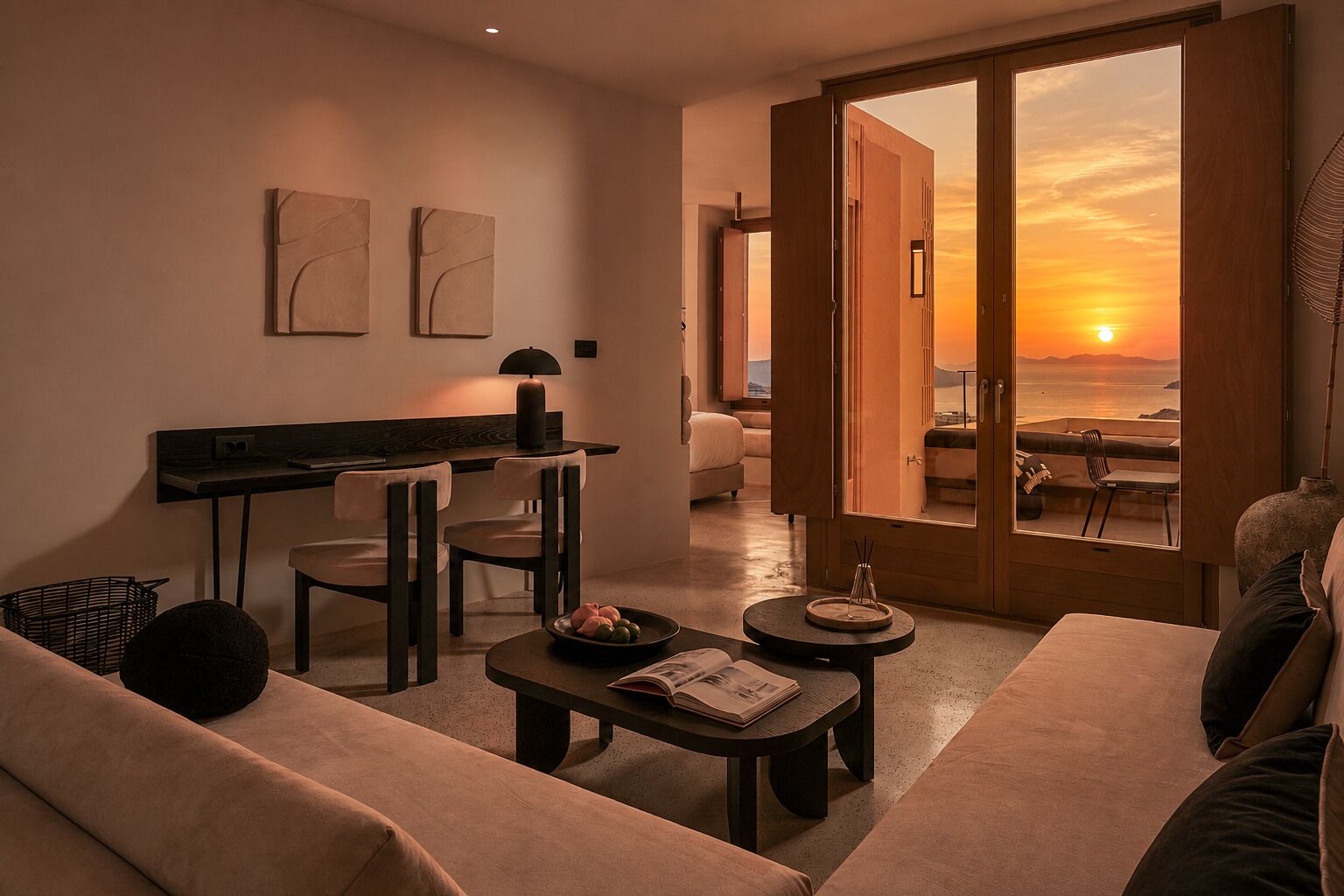 Ein modernes Wohnzimmer mit einer Couch, einem Esstisch und Stühlen. Ein großes Fenster bietet Blick auf den Sonnenuntergang.