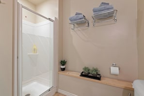 Shower, hair dryer, towels
