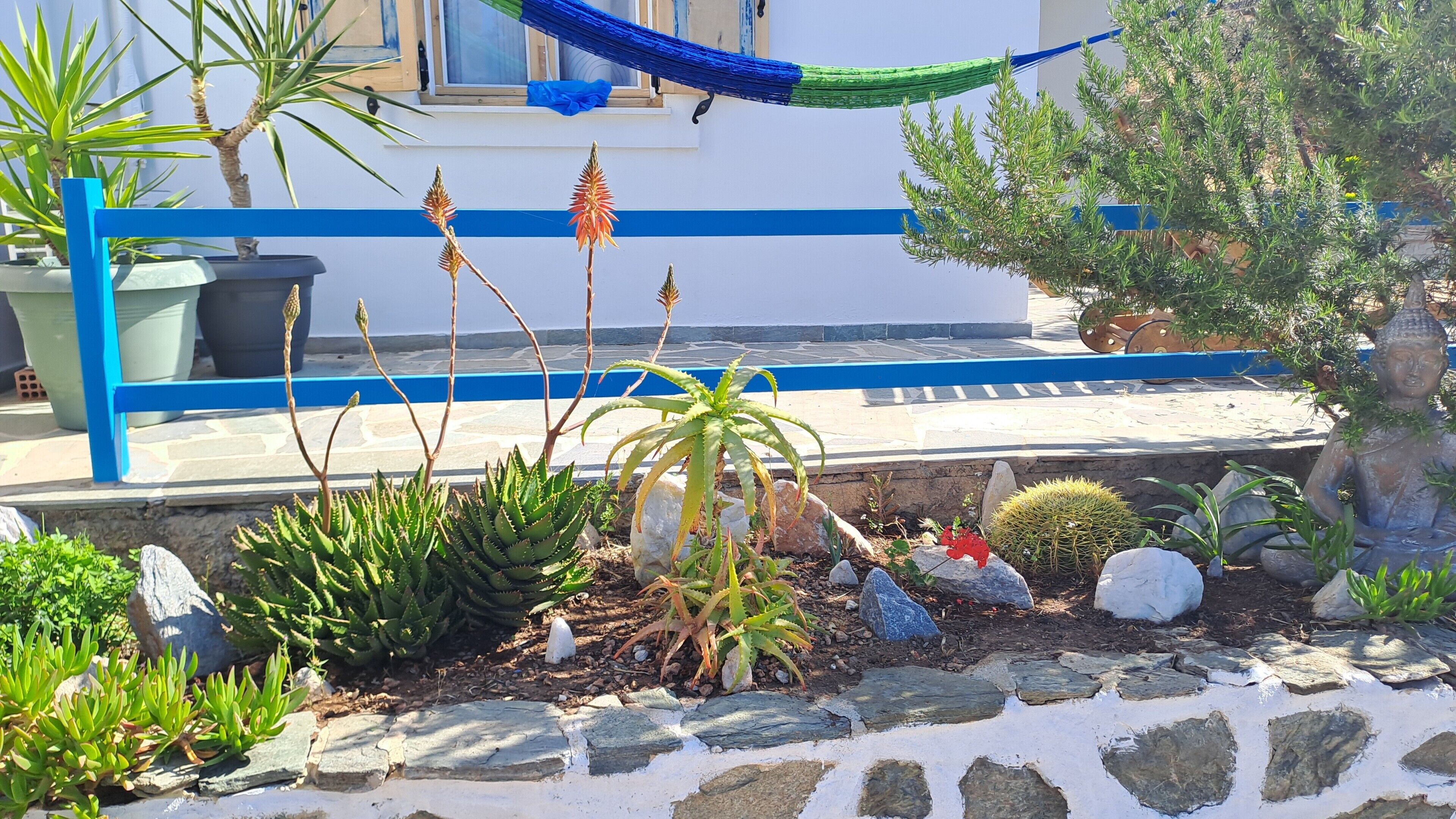 Ein Garten mit verschiedenen Pflanzen, einer Steinsäule und einer Buddha-Statue.