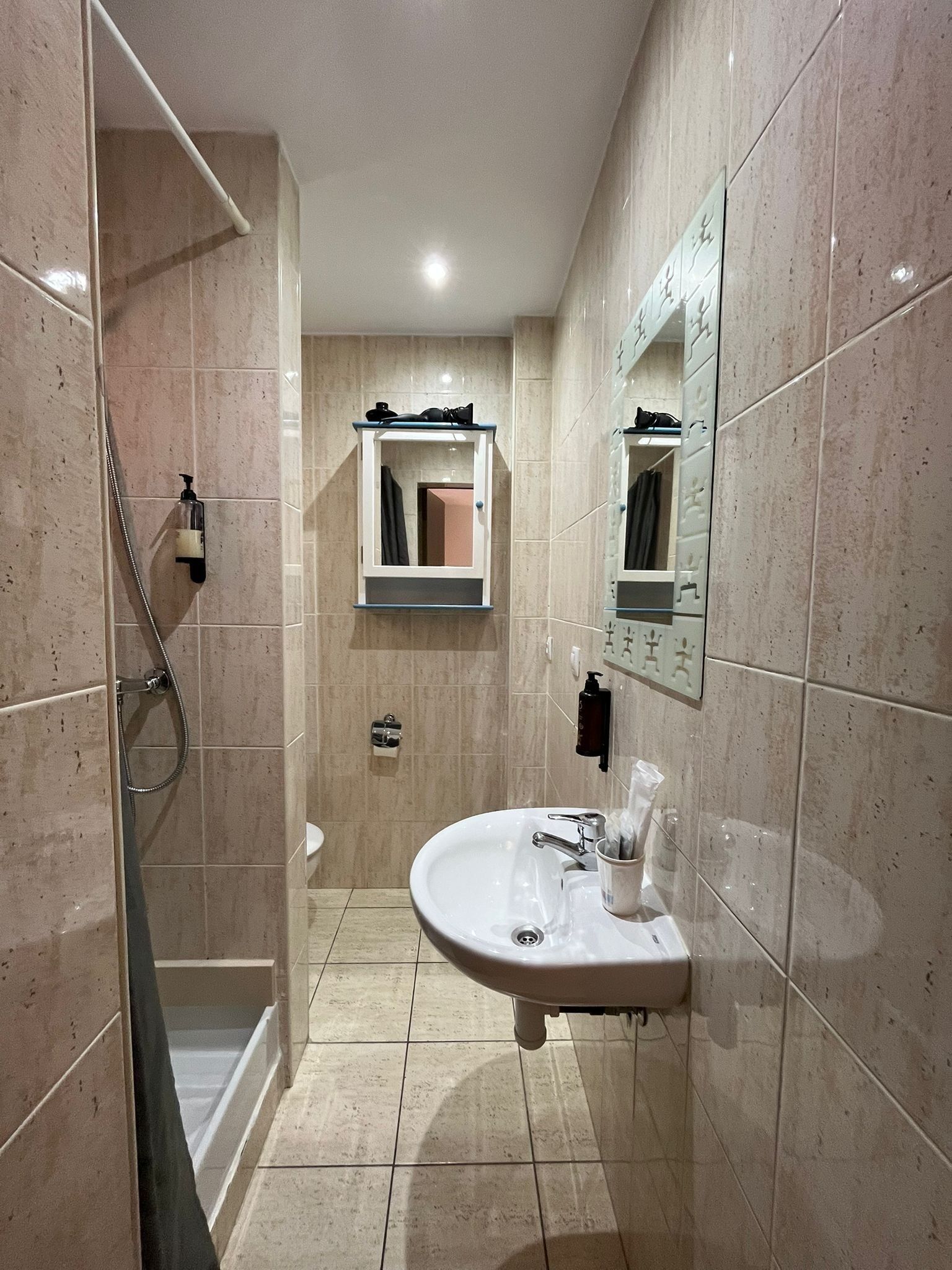 A modern bathroom with a shower, sink, and two mirrors.