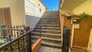 Una escalera con barandilla de metal que conduce a una puerta, con una pequeña planta a su lado.
