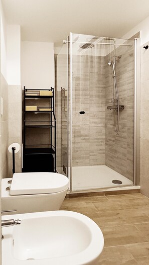 Regadera, secadora de cabello, bidet, toallas 