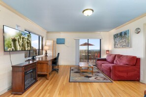 Televisio, takka, kirjoja, työhuone