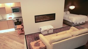 A modern apartment with a kitchen, a living area with a sofa, and a bed. - European Lakeside Oasis on 100+ Acres (Park Hills)