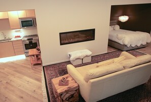 Televisión, chimenea, reproductor de DVD y libros 