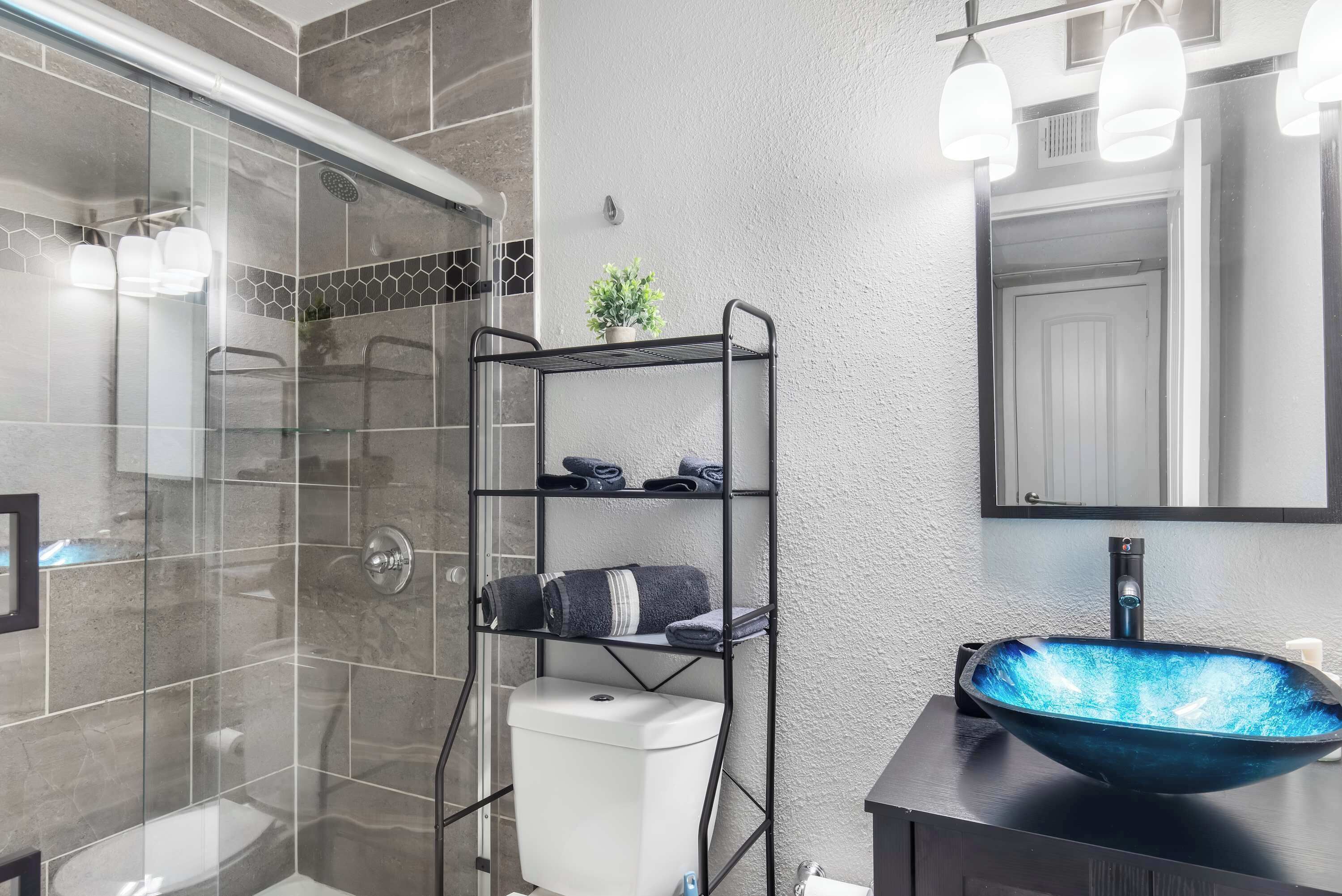 Hair dryer, towels, shampoo, toilet paper