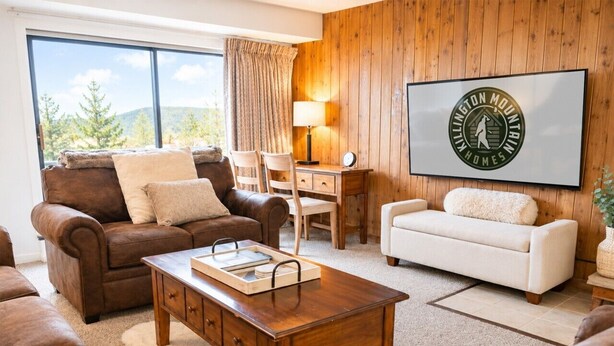 Een gezellige woonkamer met een houten wand, een groot raam, een televisie en een bureau met stoelen.