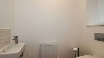A bathroom with a white sink, toilet, and radiator.