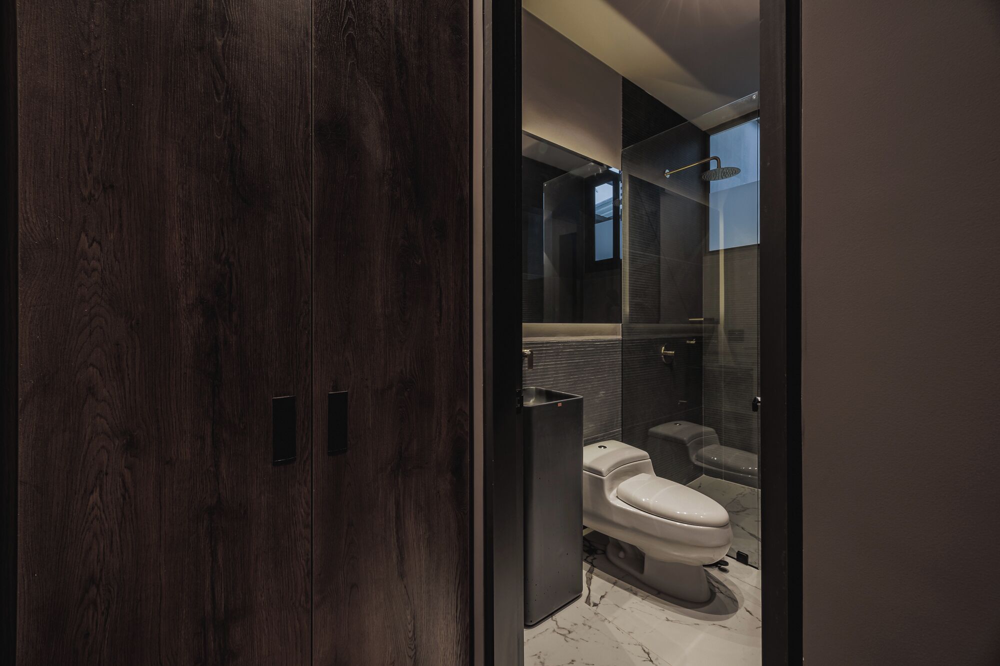 A modern bathroom with a dark wood door, a glass shower enclosure, a white toilet, and a marble floor.