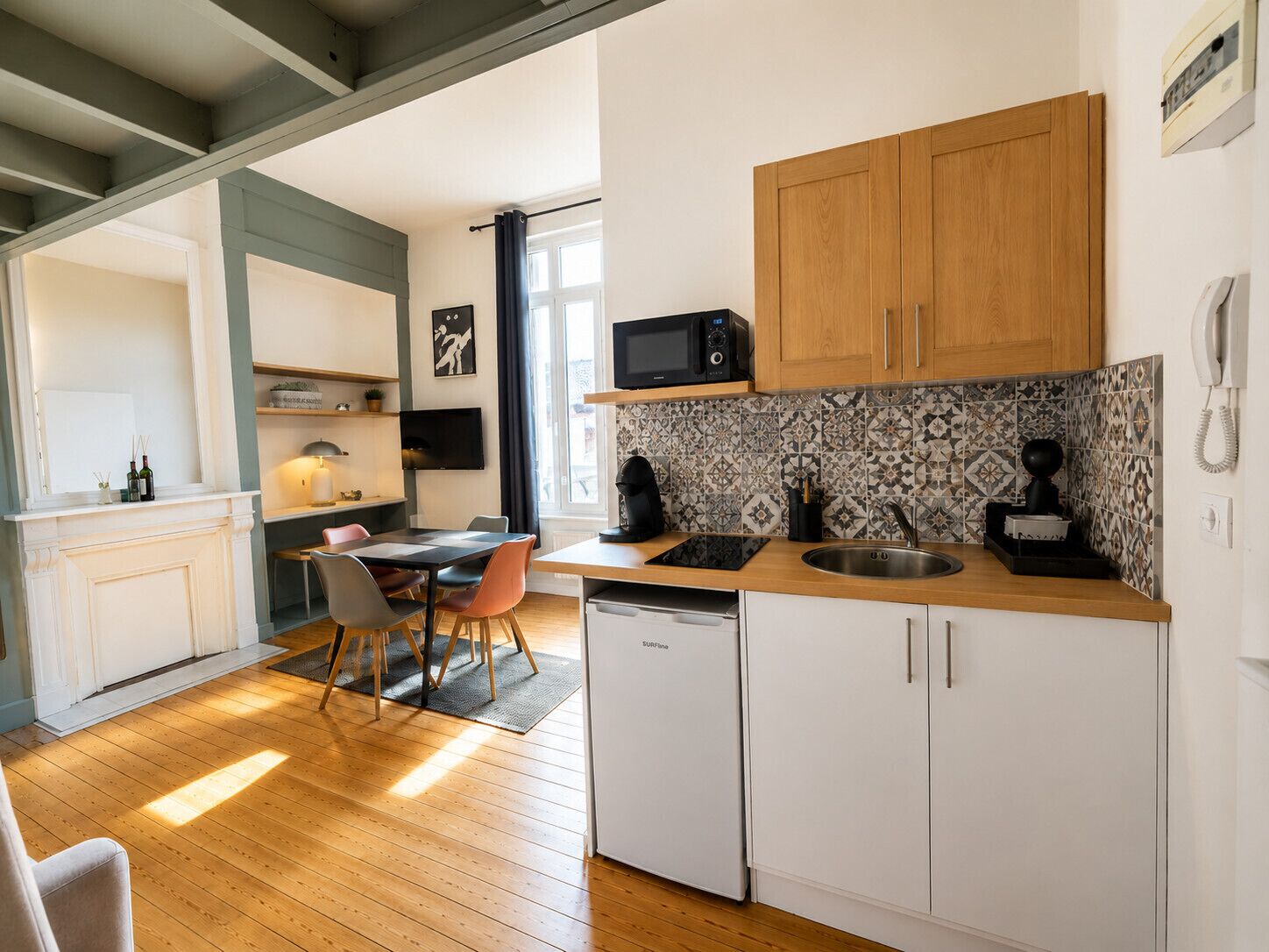 Fridge, microwave, coffee/tea maker
