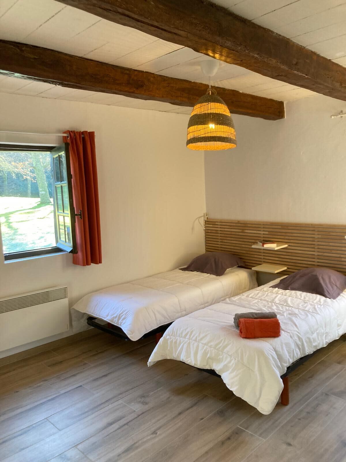 Et værelse med to senge, et vindue med gardiner, en hængende lampe og en radiator.