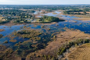 An aerial view of a wetland area with water bodies and sparse vegetation. - New! Sunset Acres ~ Ideal for all Occasions! (Clermont)