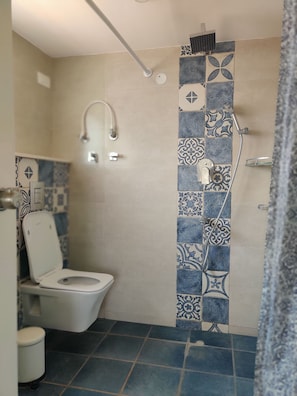 Chuveiro, secador de cabelo, sabonete, papel higiênico