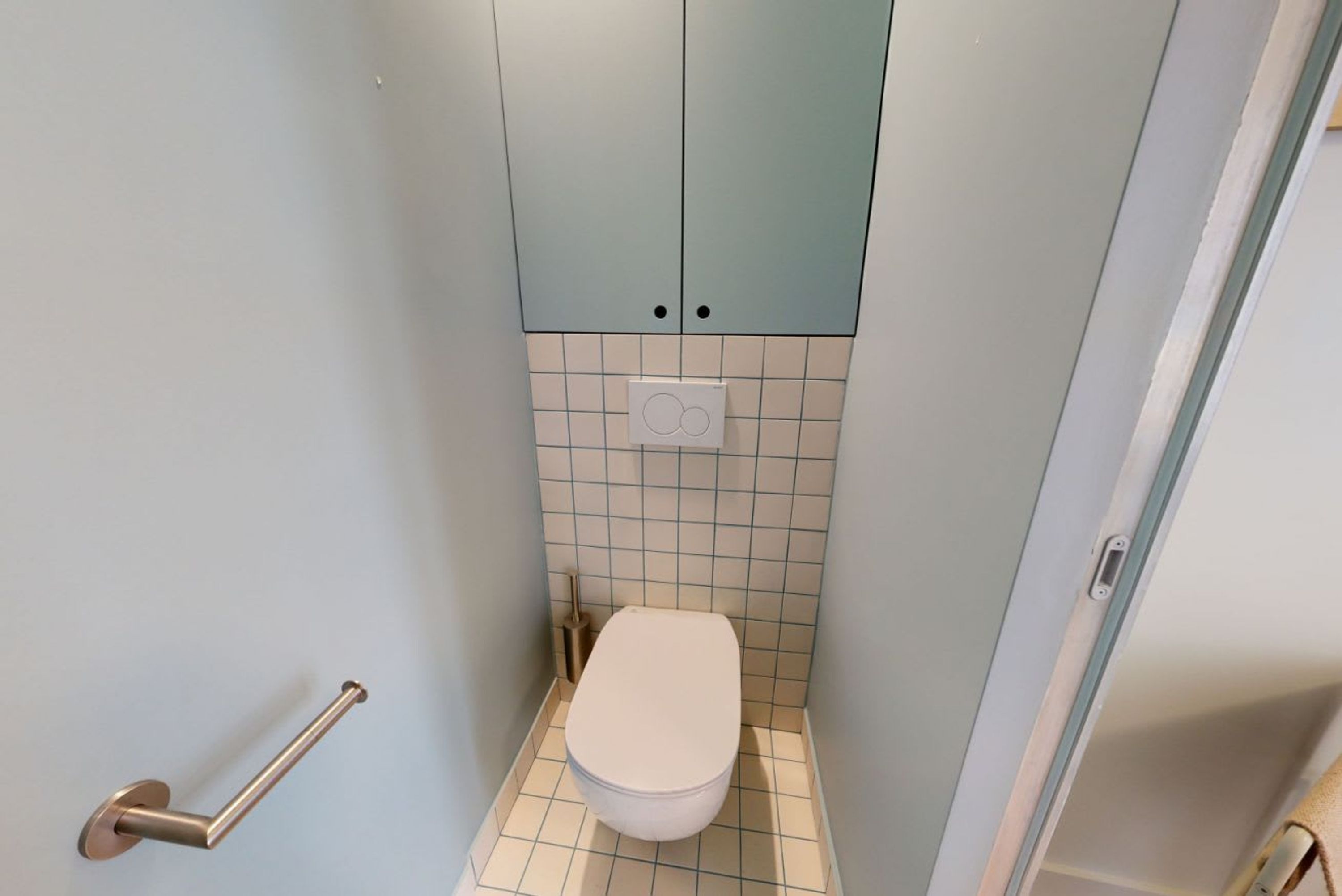 A small, narrow bathroom with a toilet, a handrail, and a cabinet above the toilet.