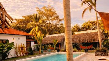 Outdoor pool, pool umbrellas, pool loungers