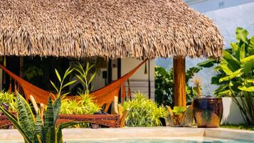 Outdoor pool, pool umbrellas, sun loungers