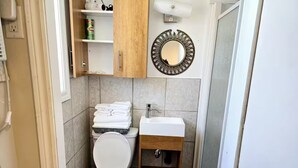Une petite salle de bain comprenant des toilettes, un lavabo et un miroir décoratif.
