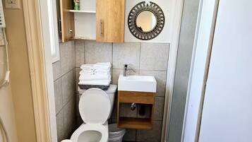 Douche, sèche-cheveux, serviettes fournies, savon