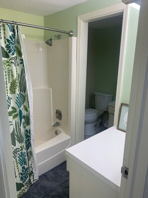 Hair dryer, towels, soap, toilet paper