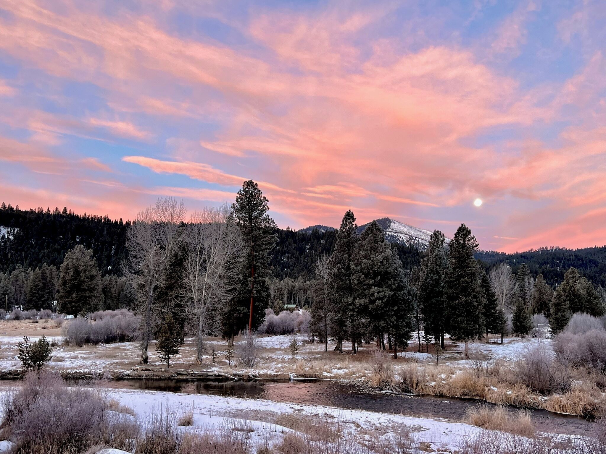 A natural landscape with a river, trees, and a mountain in the background.