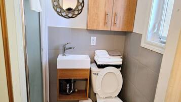 Douche, sèche-cheveux, serviettes fournies, savon