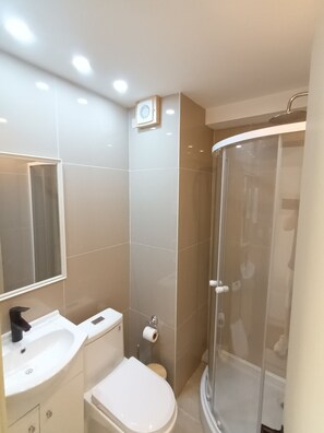 Ducha, secador de pelo, toallas, jabón