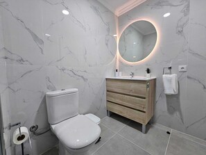 Shower, hair dryer, towels, toilet paper