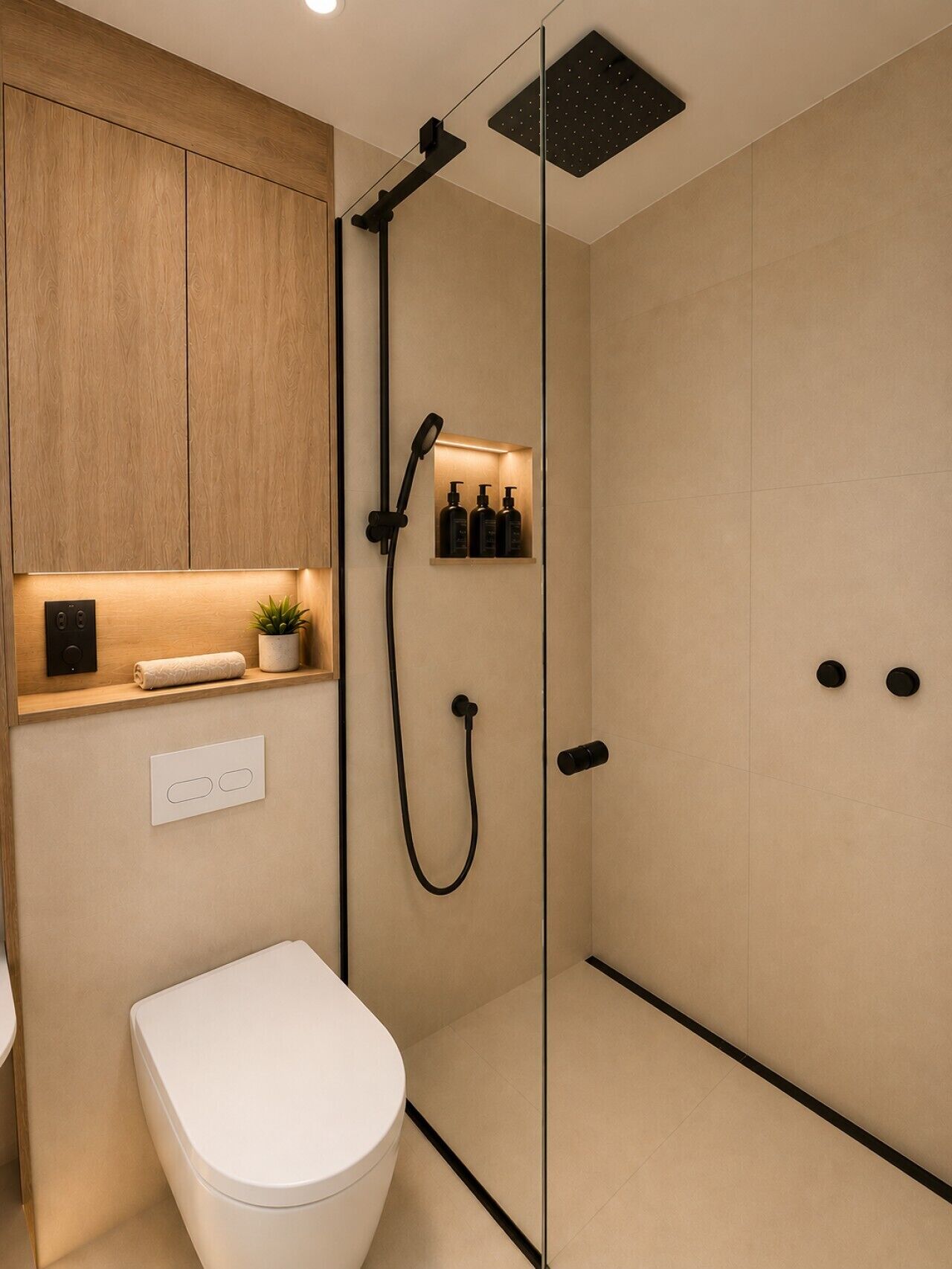 A modern bathroom with a glass shower enclosure, a toilet, and a shelf with toiletries.