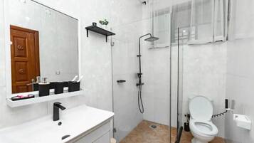 Shower, towels, soap, toilet paper