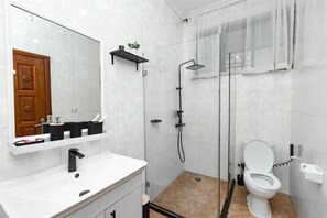 Shower, towels, soap, toilet paper