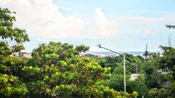 A lush green landscape with dense foliage and a clear view of the ocean in the distance.