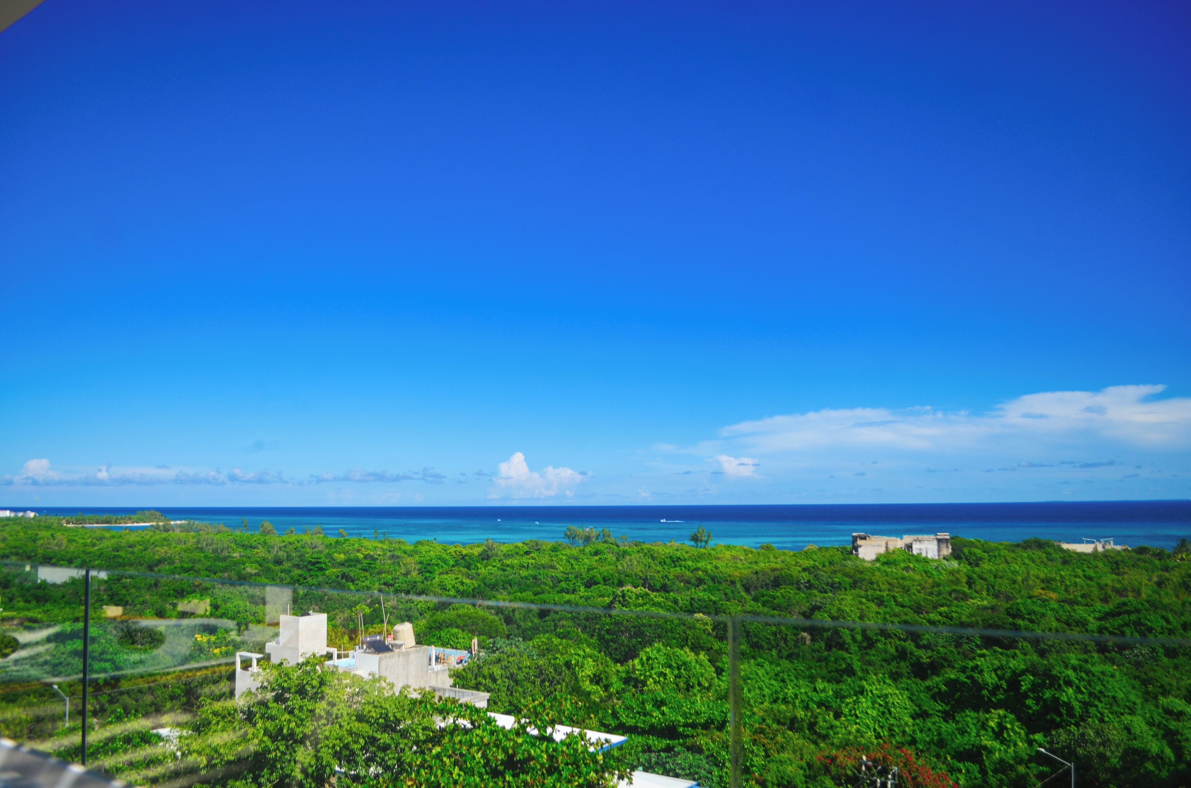 A coastal landscape with buildings, greenery, and the ocean.