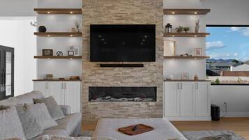 TV, fireplace, video games, stereo