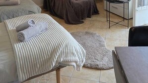 A room with two beds, a TV, a small table, and a plant. - Quiet studio with optional access to a shared pool (La Ferté-Gaucher)